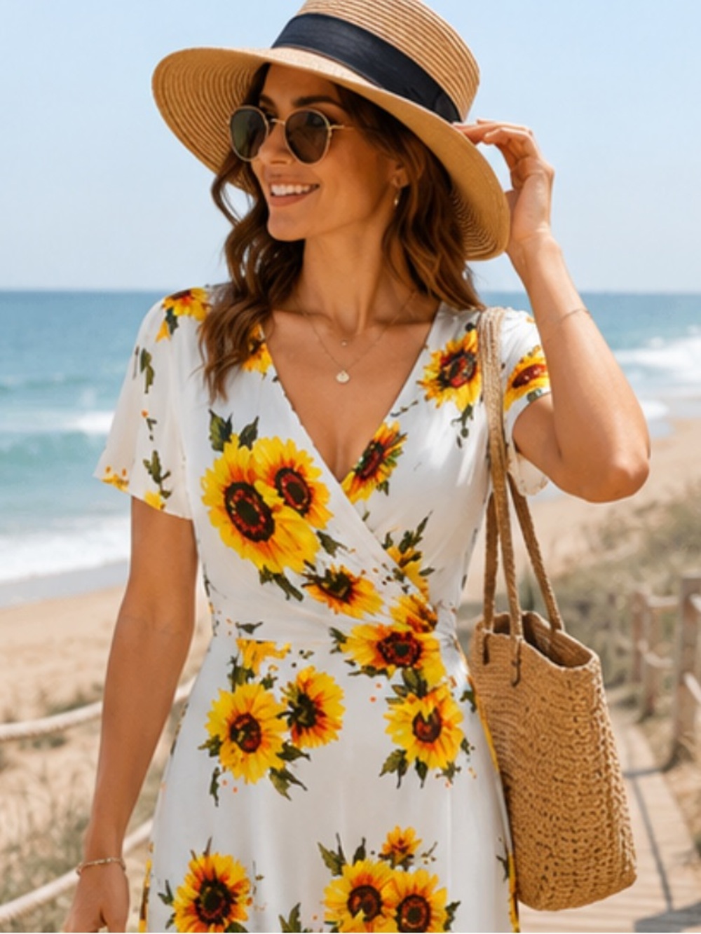 DB Noon Sunflower Floral Faux White Wrap Knee Length Dress NWT M - Picture 2 of 13